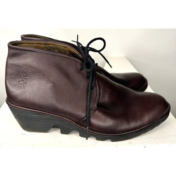 Fly London Womens Boots Leather Ankle Wedge Heel Lace-Up Burgundy 39 US 8-8.5 - Picture 3 of 13